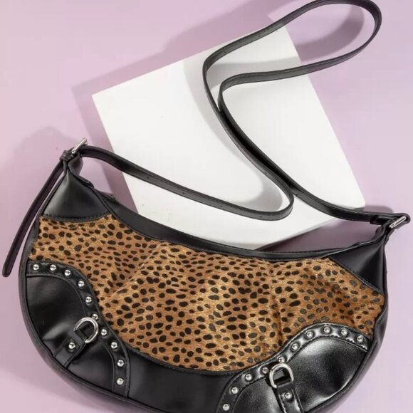 Fame Dark Spotted Leopard Print Half Moon Shoulder Bag - Picture 1 of 5